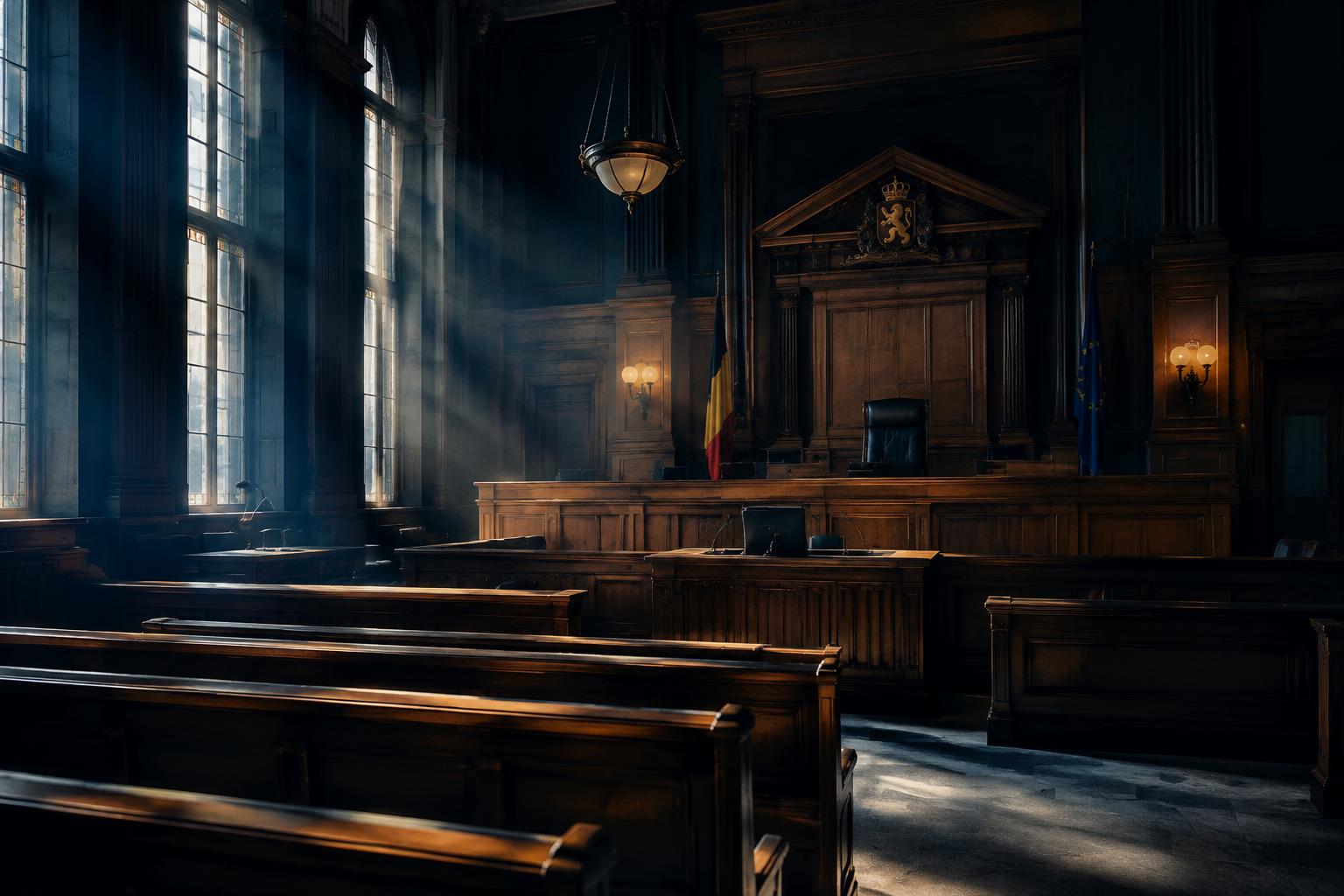 Une salle d'audience vide, éclairée par de hautes fenêtres